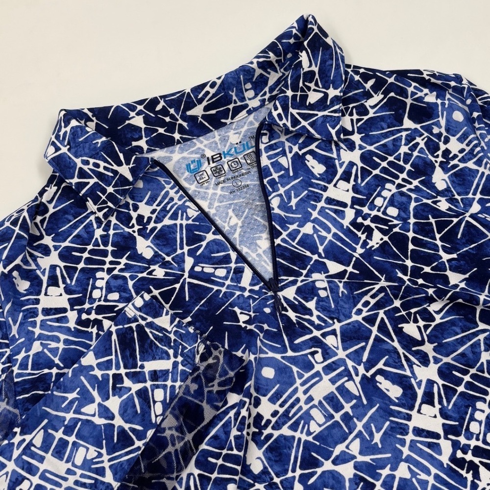 IBKUL Women's L Blue White Abstract Print UPF 50+ IceFil Quarter Zip Sun Shirt